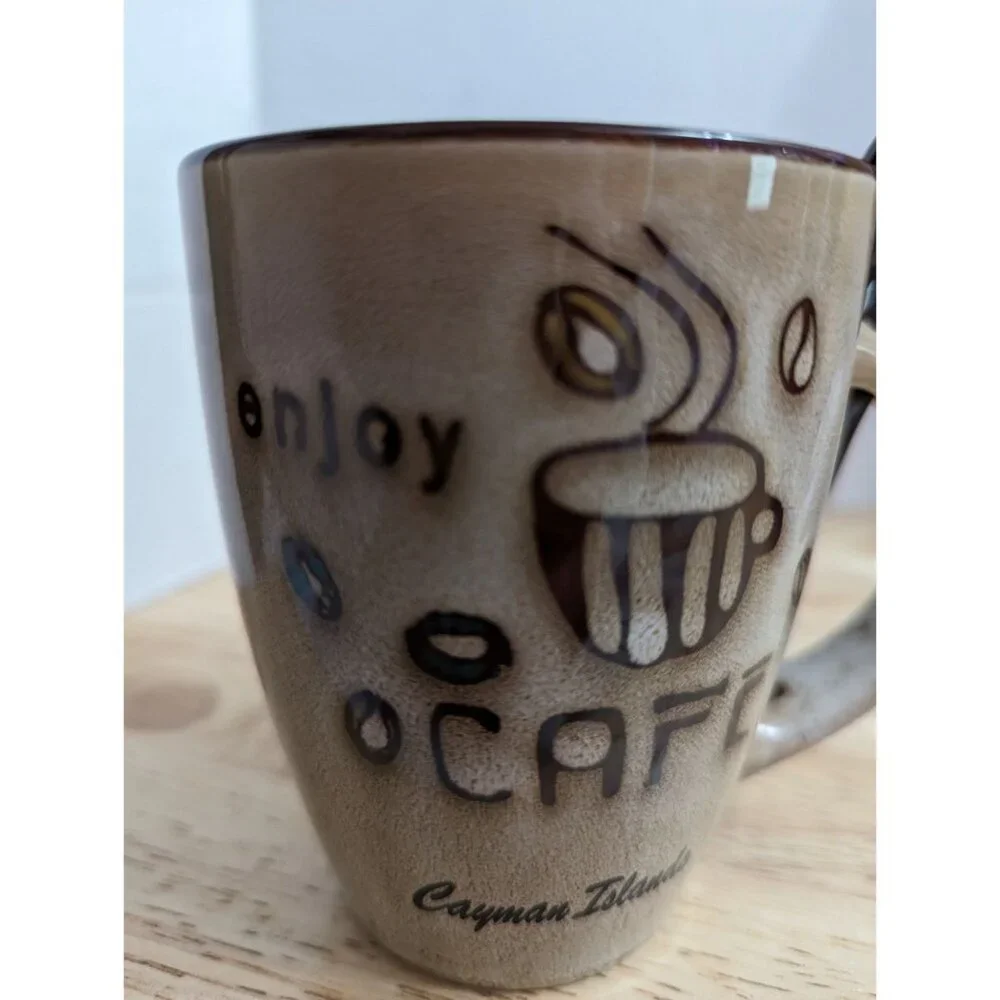 Enjoy Cafe Cayman Islands brown coffe themed mug‎ w/spoon 4 inch @agiftcorp